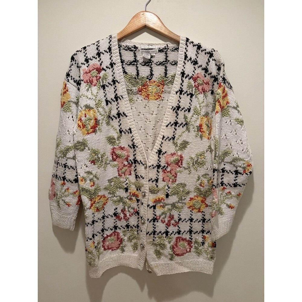 Vtg Jennifer Reed Cardigan Hand Knit Sweater Floral Cottagecore 80's Sz M